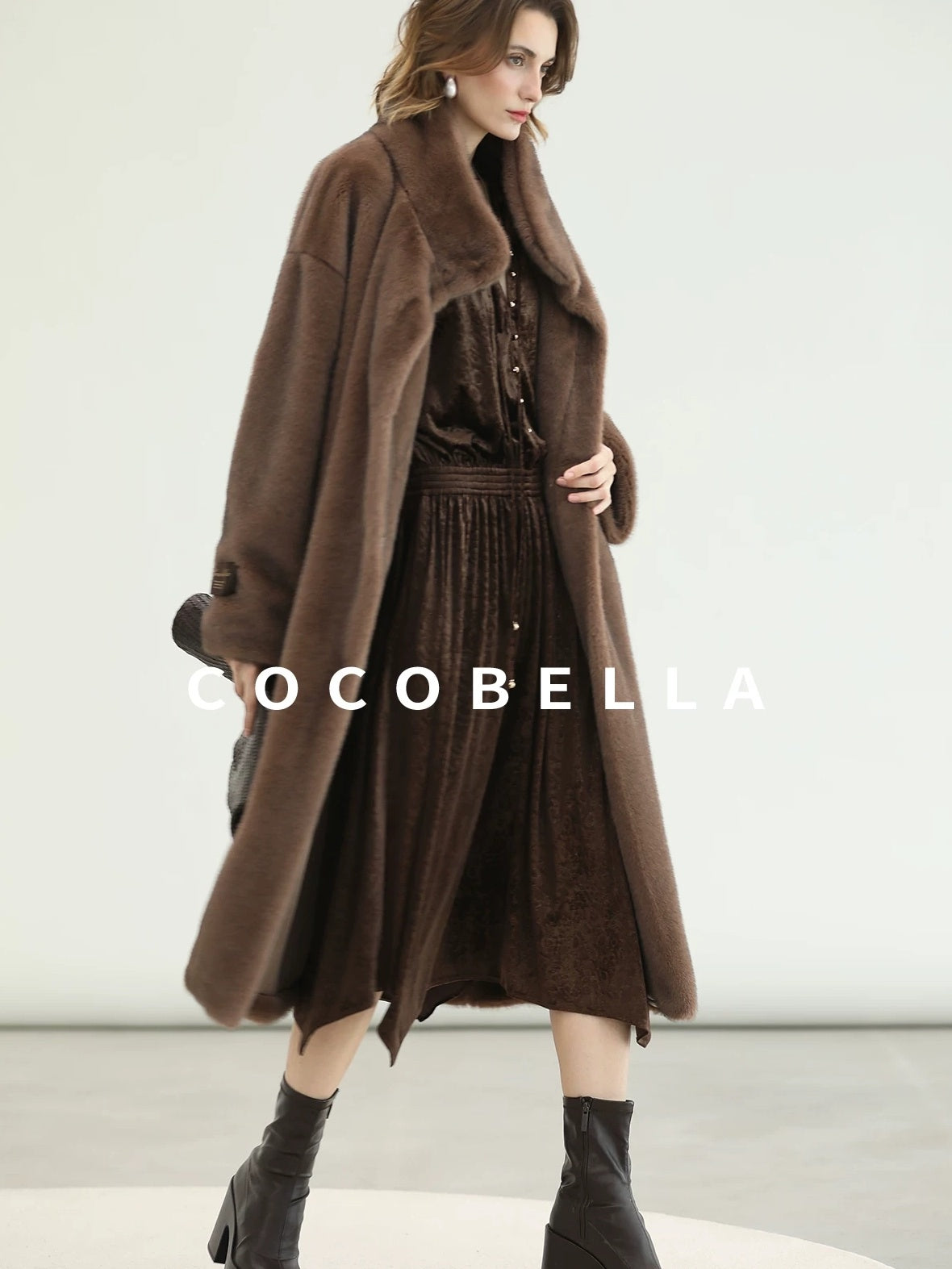 COCOBELLA Soft Faux Fur Long Straight Stand Collar Commuter Women Outerwear Coats