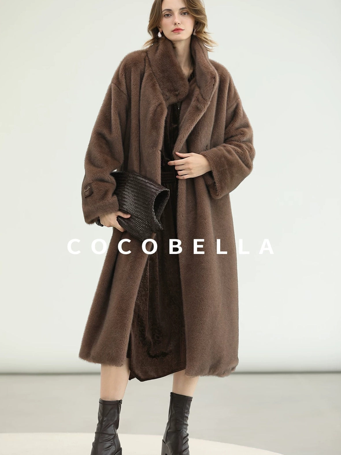 COCOBELLA Soft Faux Fur Long Straight Stand Collar Commuter Women Outerwear Coats