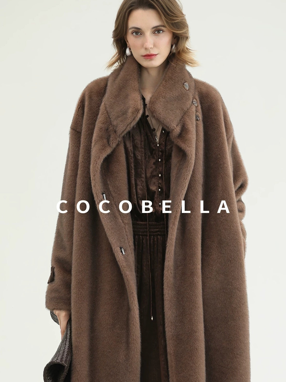 COCOBELLA Soft Faux Fur Long Straight Stand Collar Commuter Women Outerwear Coats