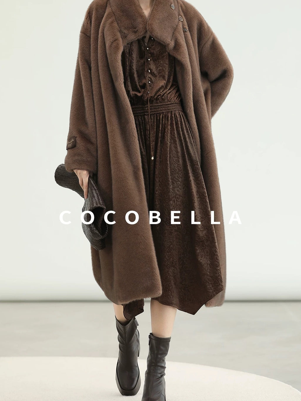COCOBELLA Soft Faux Fur Long Straight Stand Collar Commuter Women Outerwear Coats