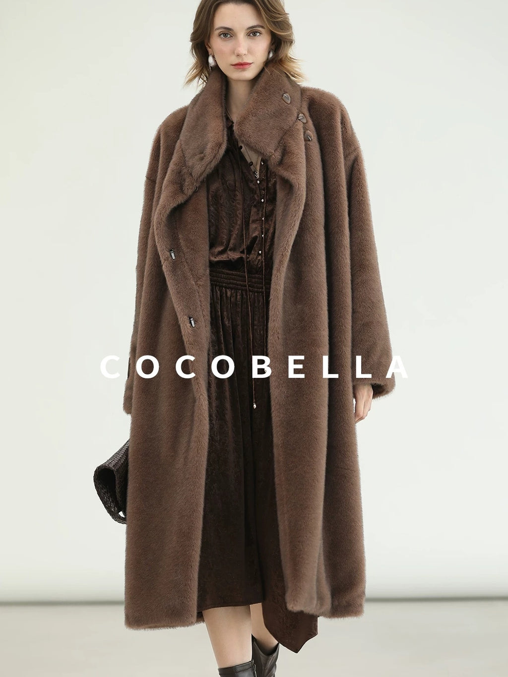 COCOBELLA Soft Faux Fur Long Straight Stand Collar Commuter Women Outerwear Coats