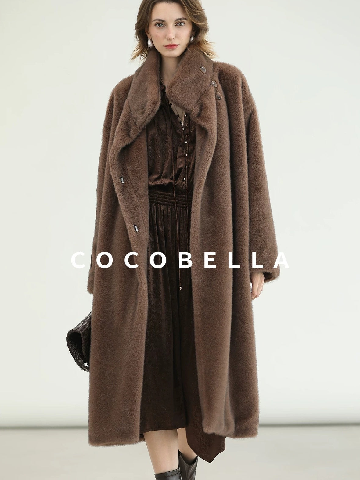 COCOBELLA Soft Faux Fur Long Straight Stand Collar Commuter Women Outerwear Coats