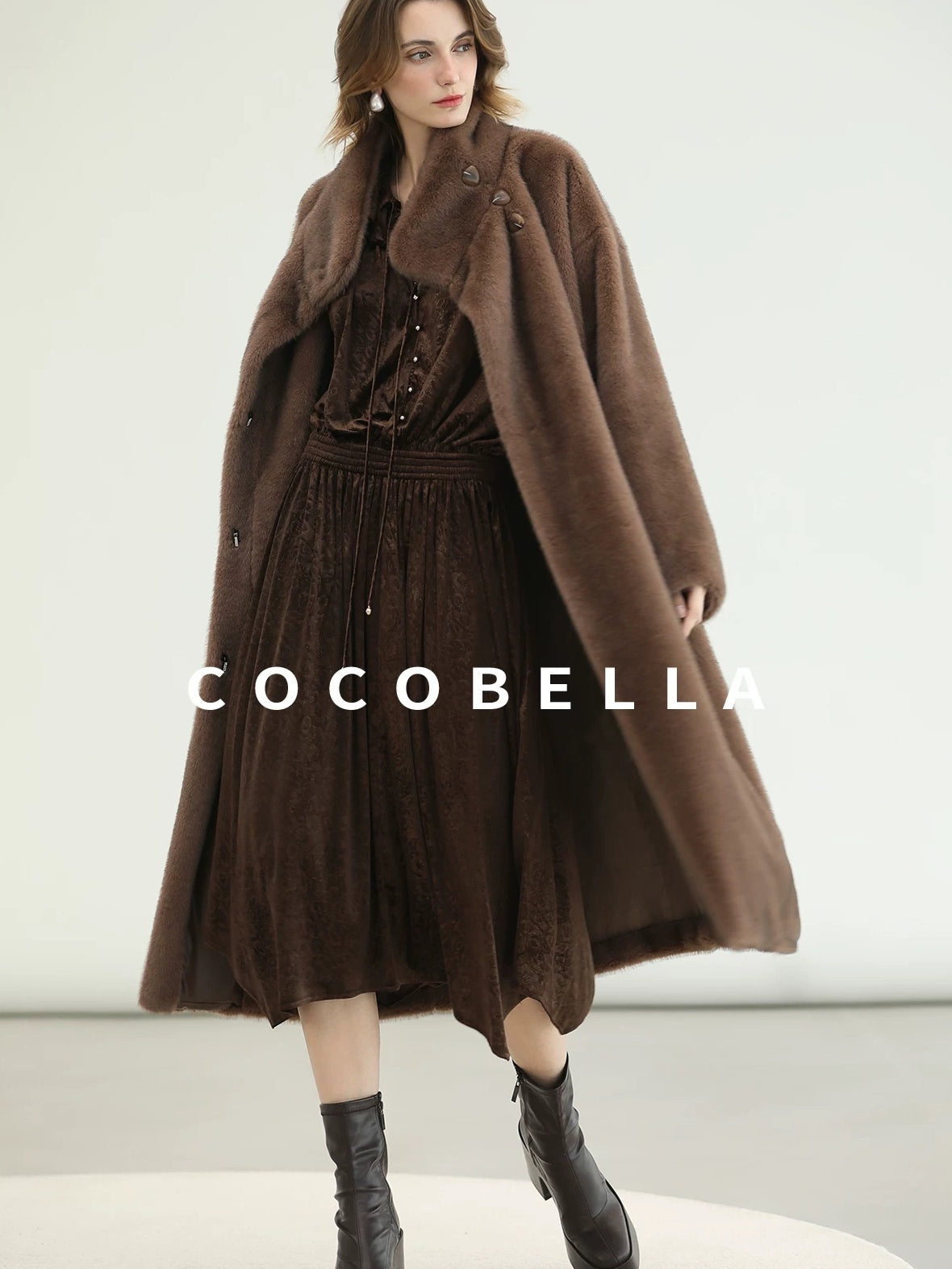 COCOBELLA Soft Faux Fur Long Straight Stand Collar Commuter Women Outerwear Coats