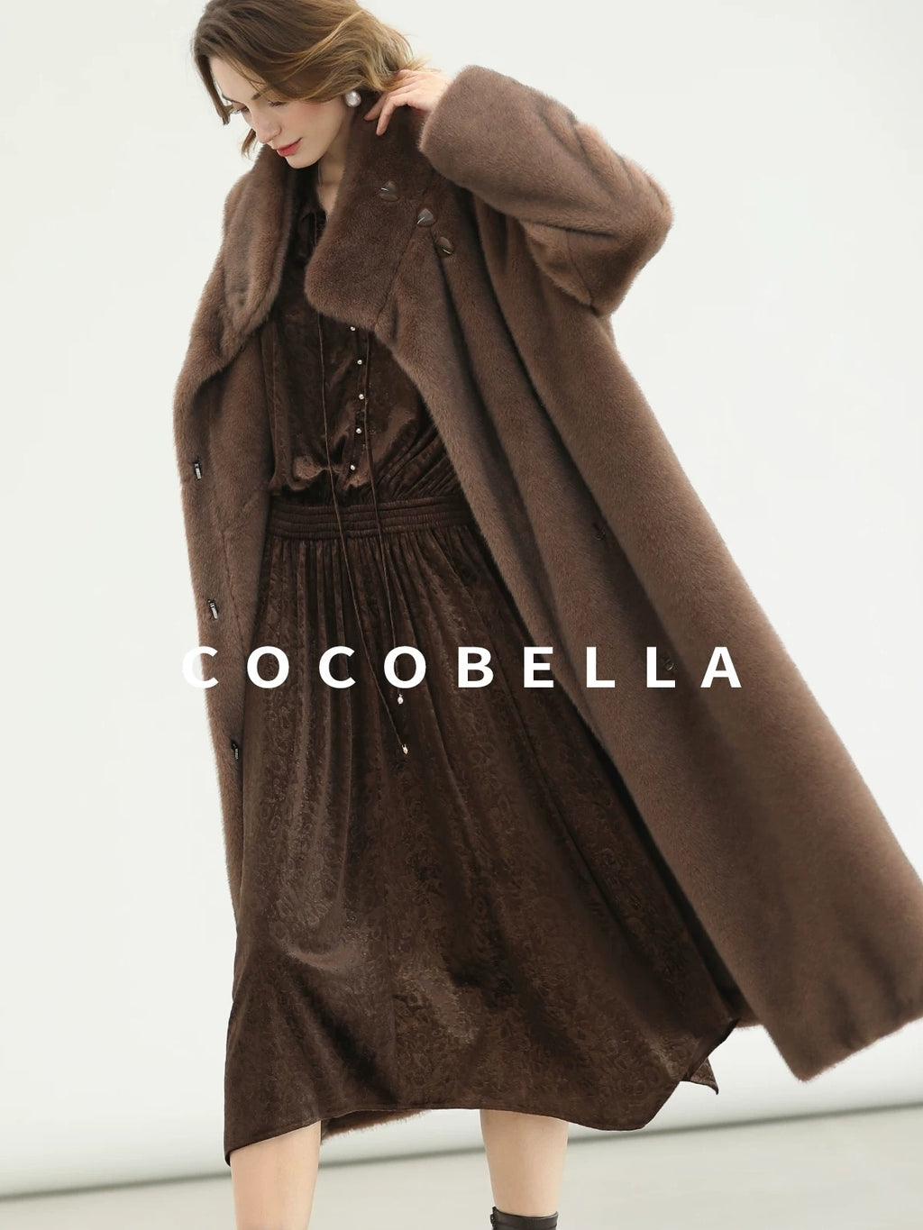 COCOBELLA Soft Faux Fur Long Straight Stand Collar Commuter Women Outerwear Coats
