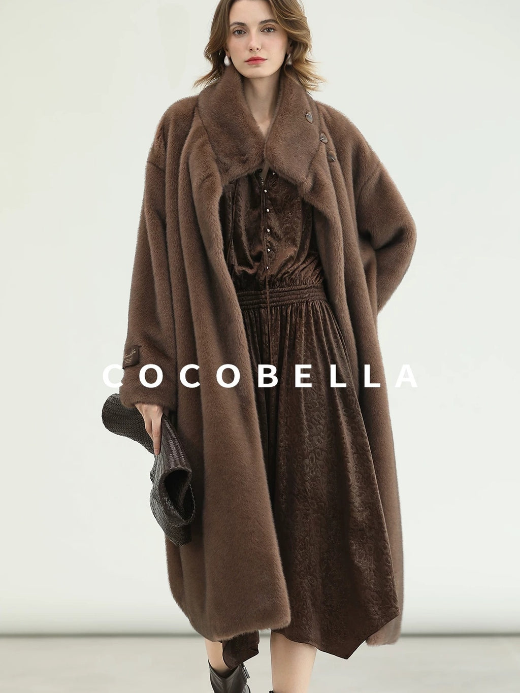 COCOBELLA Soft Faux Fur Long Straight Stand Collar Commuter Women Outerwear Coats