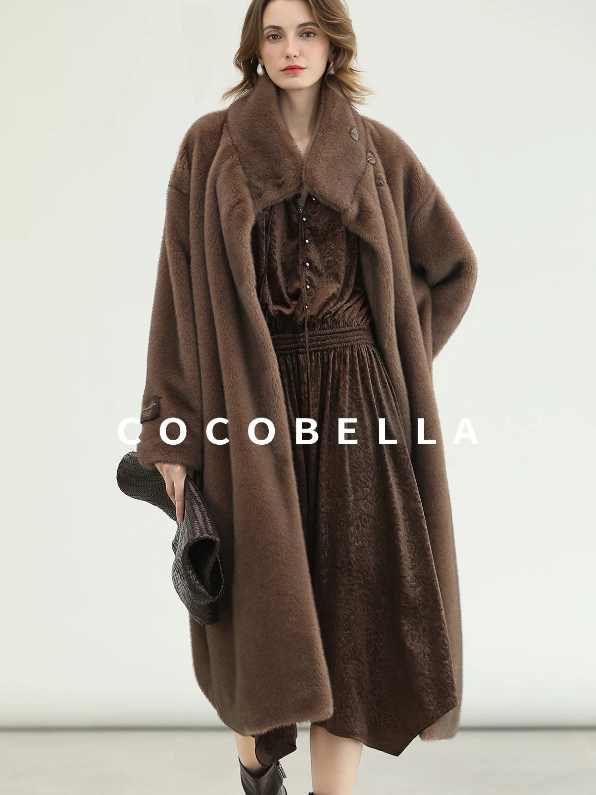COCOBELLA Soft Faux Fur Long Straight Stand Collar Commuter Women Outerwear Coats