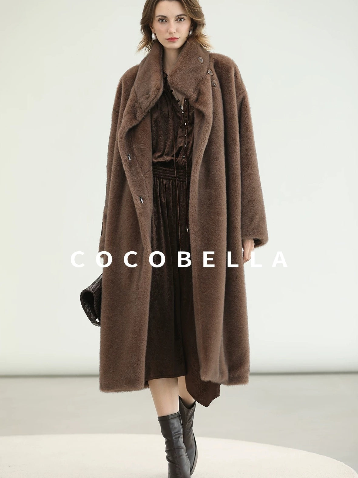 COCOBELLA Soft Faux Fur Long Straight Stand Collar Commuter Women Outerwear Coats