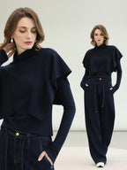 COCOBELLA Soft Fine Knit Ruffle Paneled Mock Neck Slim Fit Office Women Turtleneck Sweater