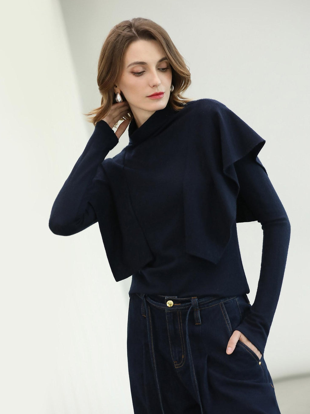 COCOBELLA Soft Fine Knit Ruffle Paneled Mock Neck Slim Fit Office Women Turtleneck Sweater