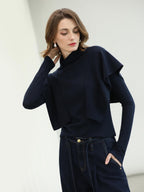 COCOBELLA Soft Fine Knit Ruffle Paneled Mock Neck Slim Fit Office Women Turtleneck Sweater