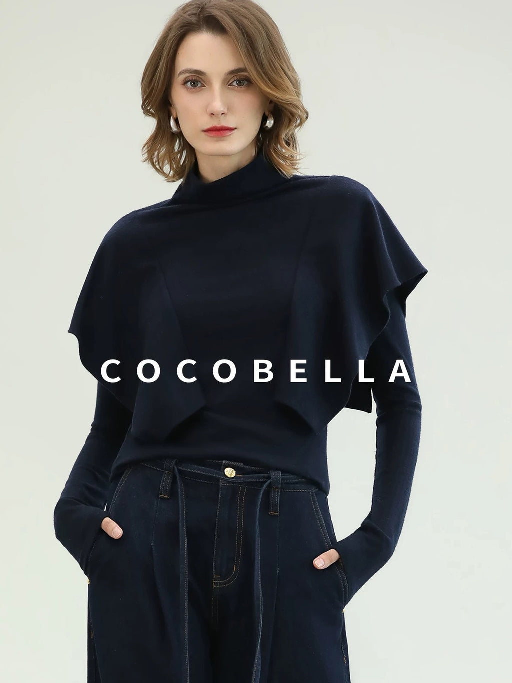COCOBELLA Soft Fine Knit Ruffle Paneled Mock Neck Slim Fit Office Women Turtleneck Sweater