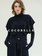 COCOBELLA Soft Fine Knit Ruffle Paneled Mock Neck Slim Fit Office Women Turtleneck Sweater
