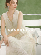 COCOBELLA Soft French A Line V Neck Sleeveless Lace Pleated Adjustable Waist Dresses