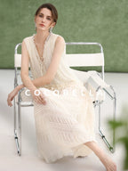 COCOBELLA Soft French A Line V Neck Sleeveless Lace Pleated Adjustable Waist Dresses