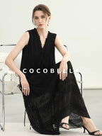 COCOBELLA Soft French A Line V Neck Sleeveless Lace Pleated Adjustable Waist Dresses