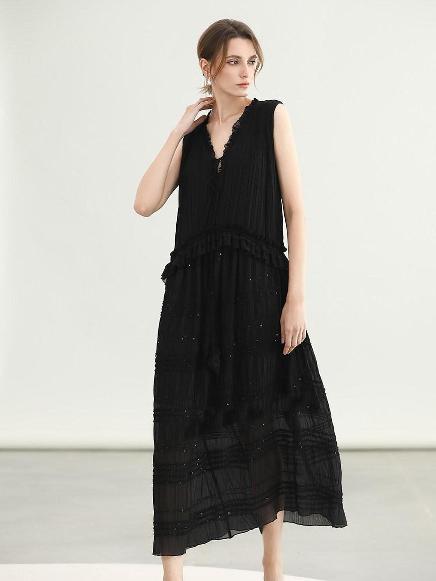 COCOBELLA Soft French A Line V Neck Sleeveless Lace Pleated Adjustable Waist Dresses