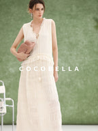 COCOBELLA Soft French A Line V Neck Sleeveless Lace Pleated Adjustable Waist Dresses