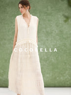 COCOBELLA Soft French A Line V Neck Sleeveless Lace Pleated Adjustable Waist Dresses