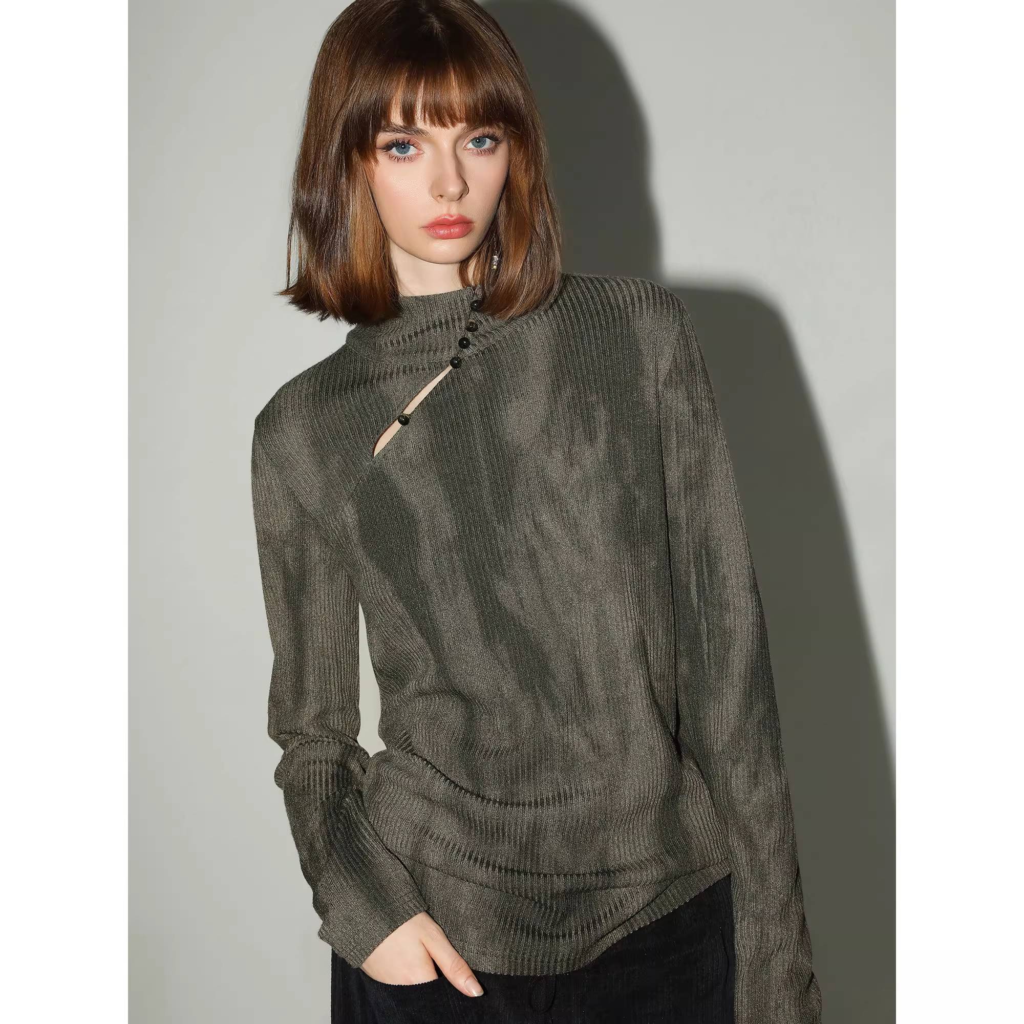 COCOBELLA_Soft_High_Neck_Long_Sleeve_Button_Print_Cutout_Straight_Fit_Women_Office_Shirts_MISSTT