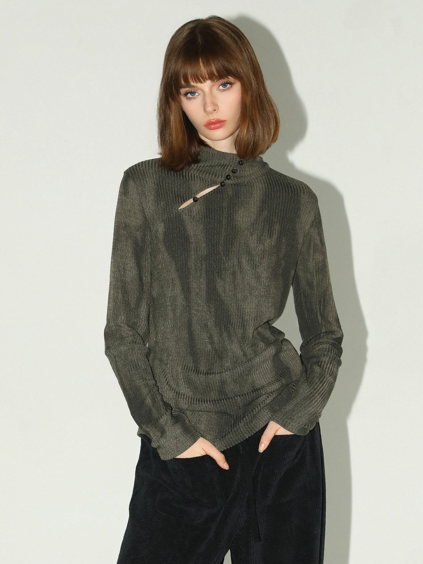 COCOBELLA Soft High Neck Long Sleeve Button Print Cutout Straight Fit Women Office Shirts