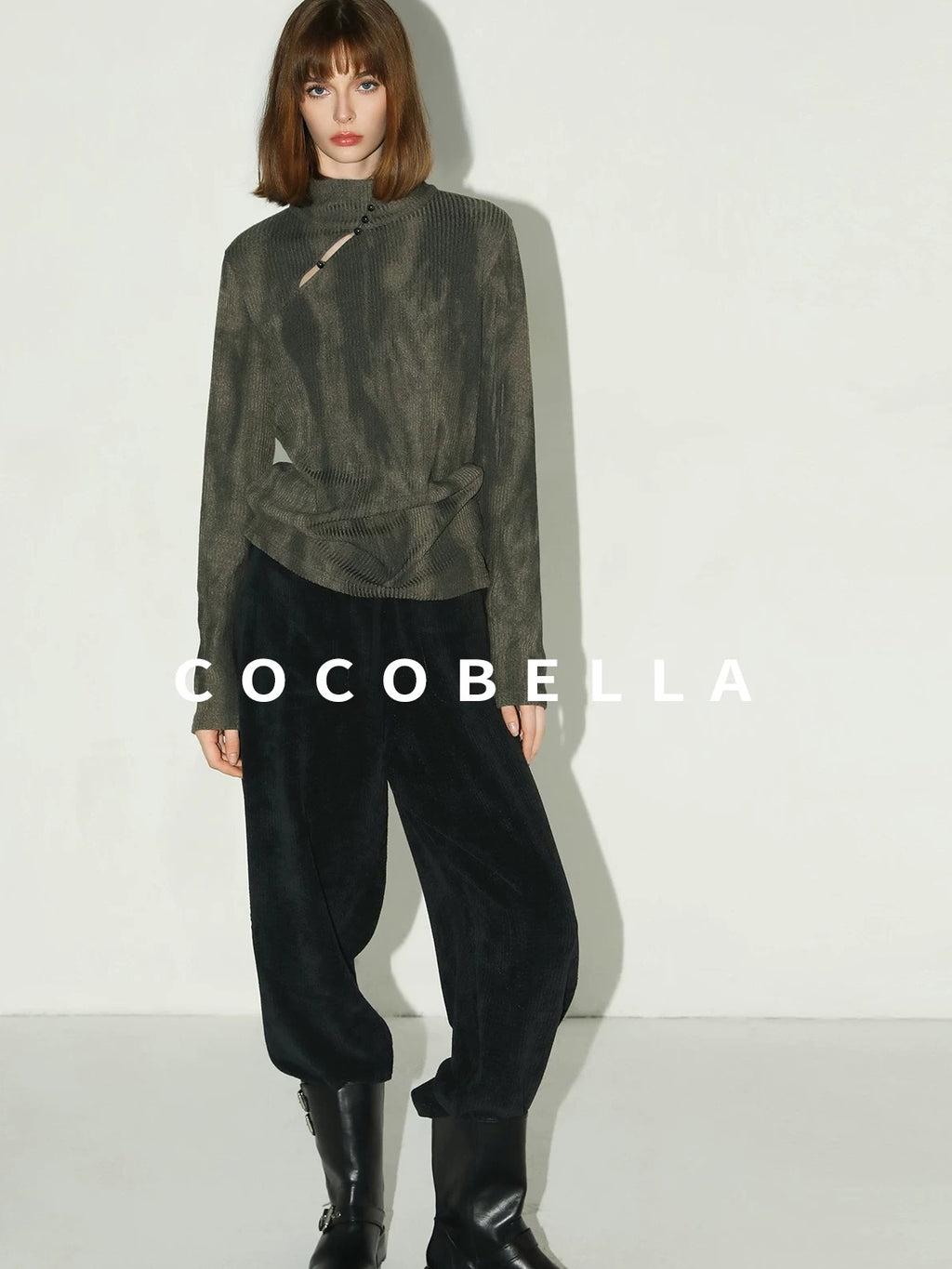 COCOBELLA Soft High Neck Long Sleeve Button Print Cutout Straight Fit Women Office Shirts