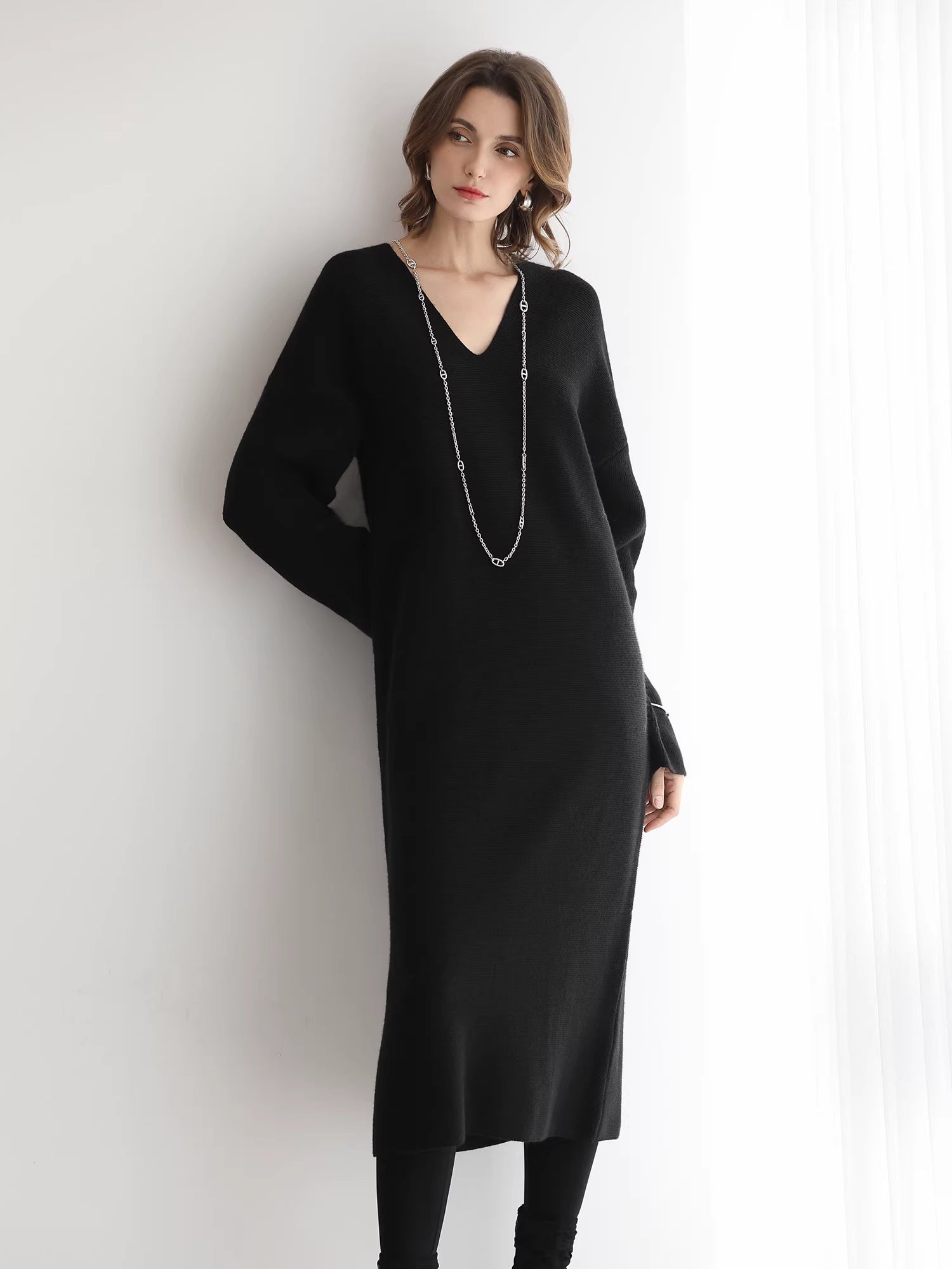 COCOBELLA_Soft_High_Stretch_V_Neck_Knit_Straight_H_Line_Long_Sleeve_Office_Women_Dresses_MISSTT