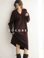 COCOBELLA Soft High Stretch V Neck Knit Straight H Line Long Sleeve Office Women Dresses