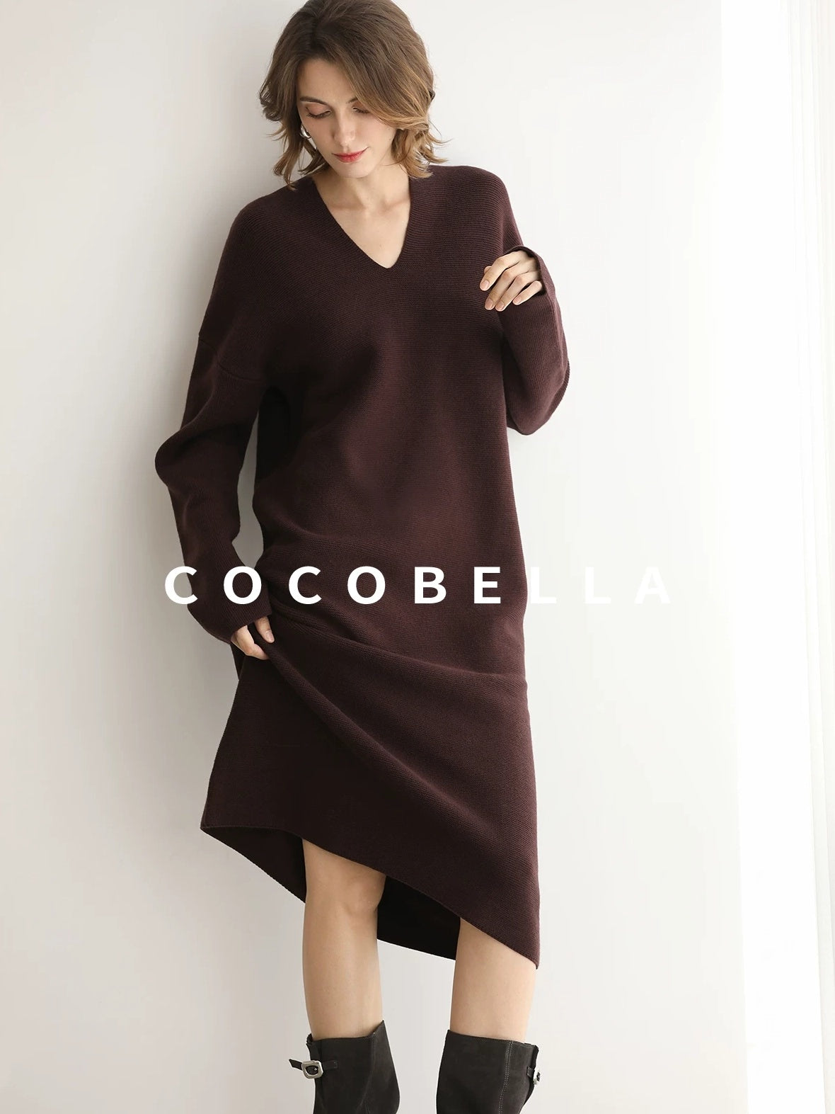 COCOBELLA Soft High Stretch V Neck Knit Straight H Line Long Sleeve Office Women Dresses