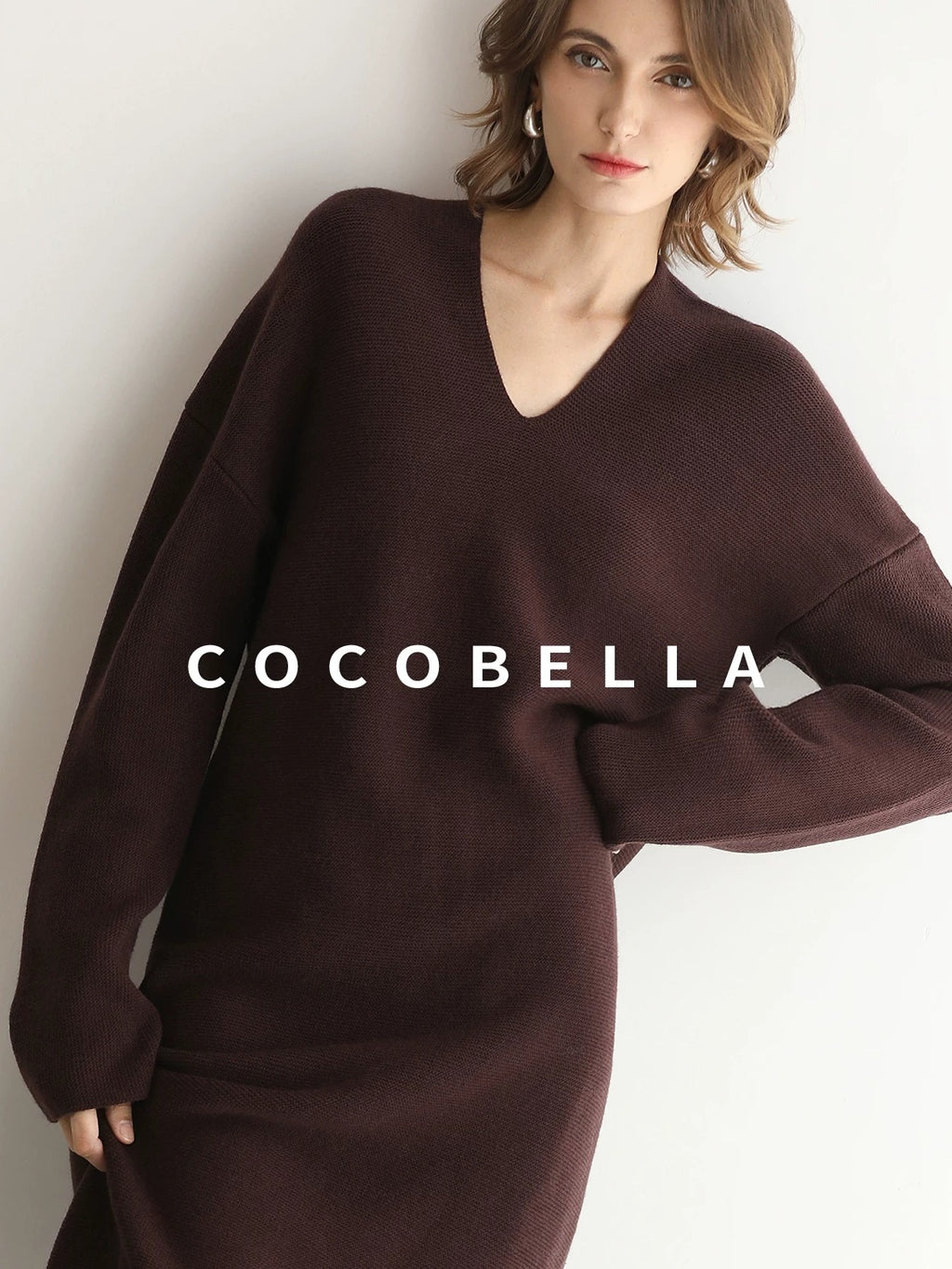 COCOBELLA Soft High Stretch V Neck Knit Straight H Line Long Sleeve Office Women Dresses