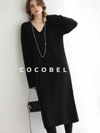 COCOBELLA Soft High Stretch V Neck Knit Straight H Line Long Sleeve Office Women Dresses