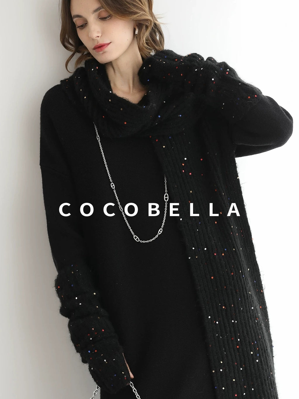 COCOBELLA Soft High Stretch V Neck Knit Straight H Line Long Sleeve Office Women Dresses