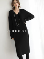 COCOBELLA Soft High Stretch V Neck Knit Straight H Line Long Sleeve Office Women Dresses