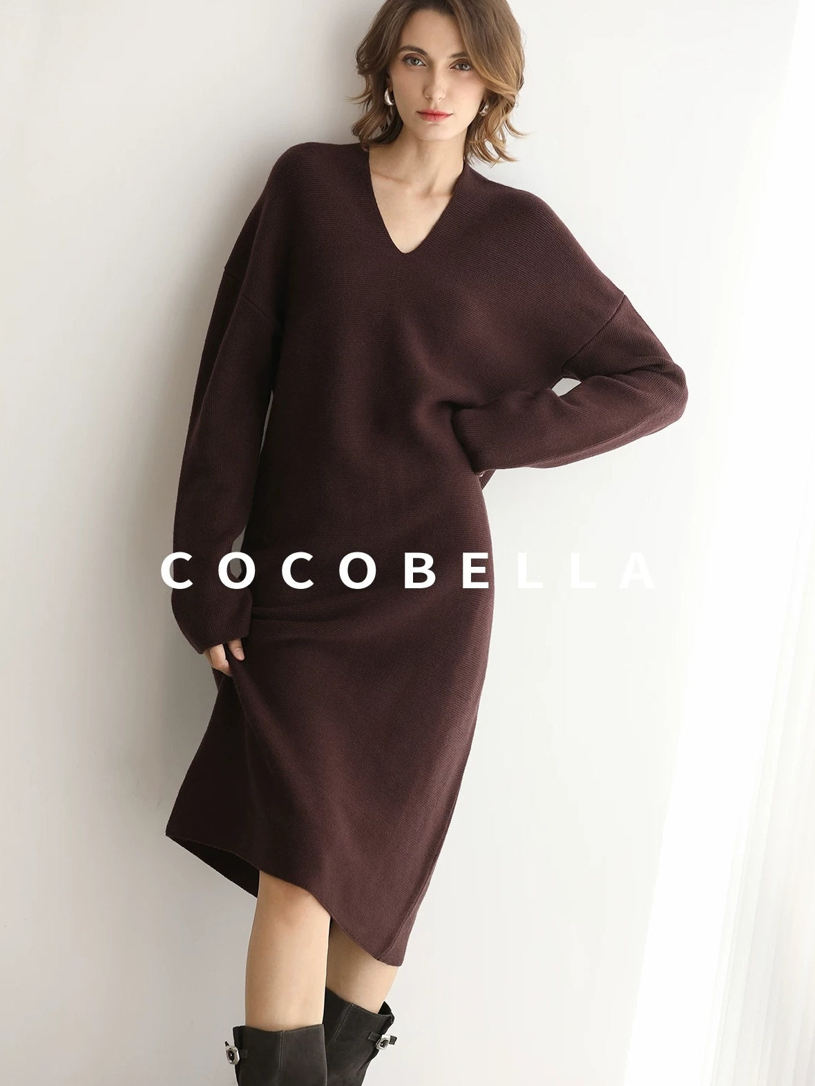 COCOBELLA Soft High Stretch V Neck Knit Straight H Line Long Sleeve Office Women Dresses