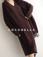 COCOBELLA Soft High Stretch V Neck Knit Straight H Line Long Sleeve Office Women Dresses