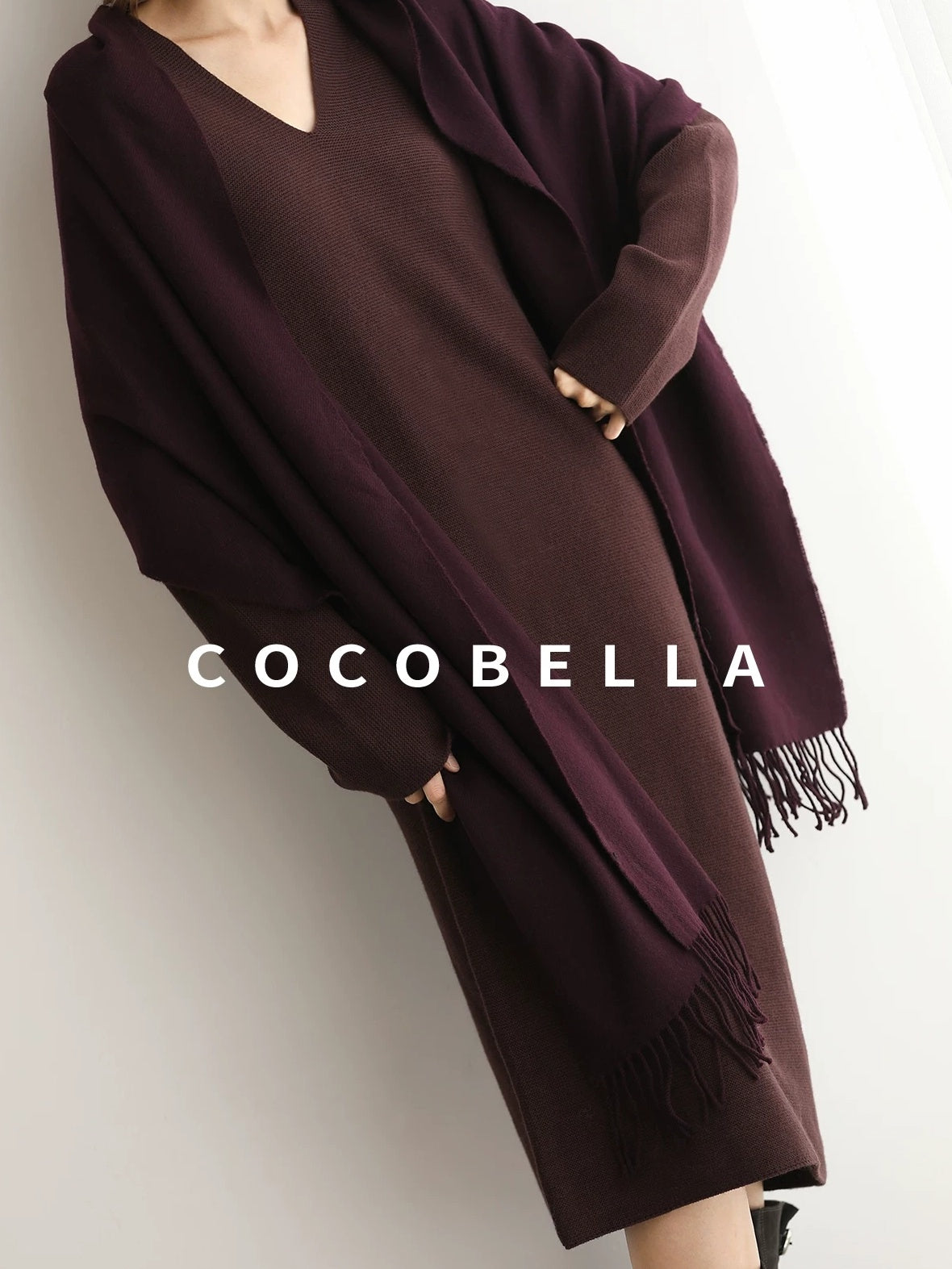 COCOBELLA Soft High Stretch V Neck Knit Straight H Line Long Sleeve Office Women Dresses