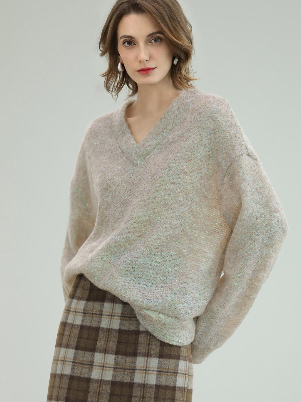 COCOBELLA Soft Iridescent Sequin V Neck Loose Knit Workwear Chic Women Knit Sweater