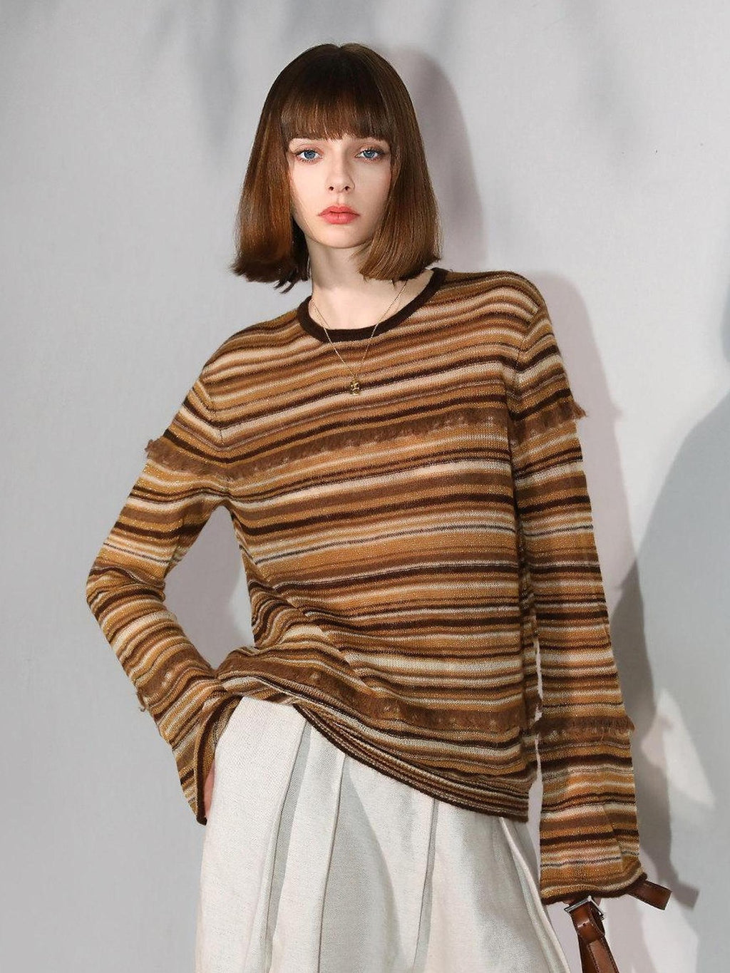 COCOBELLA Soft Jacquard Lurex Crewneck Casual Regular Fit Women Striped Knit Sweater