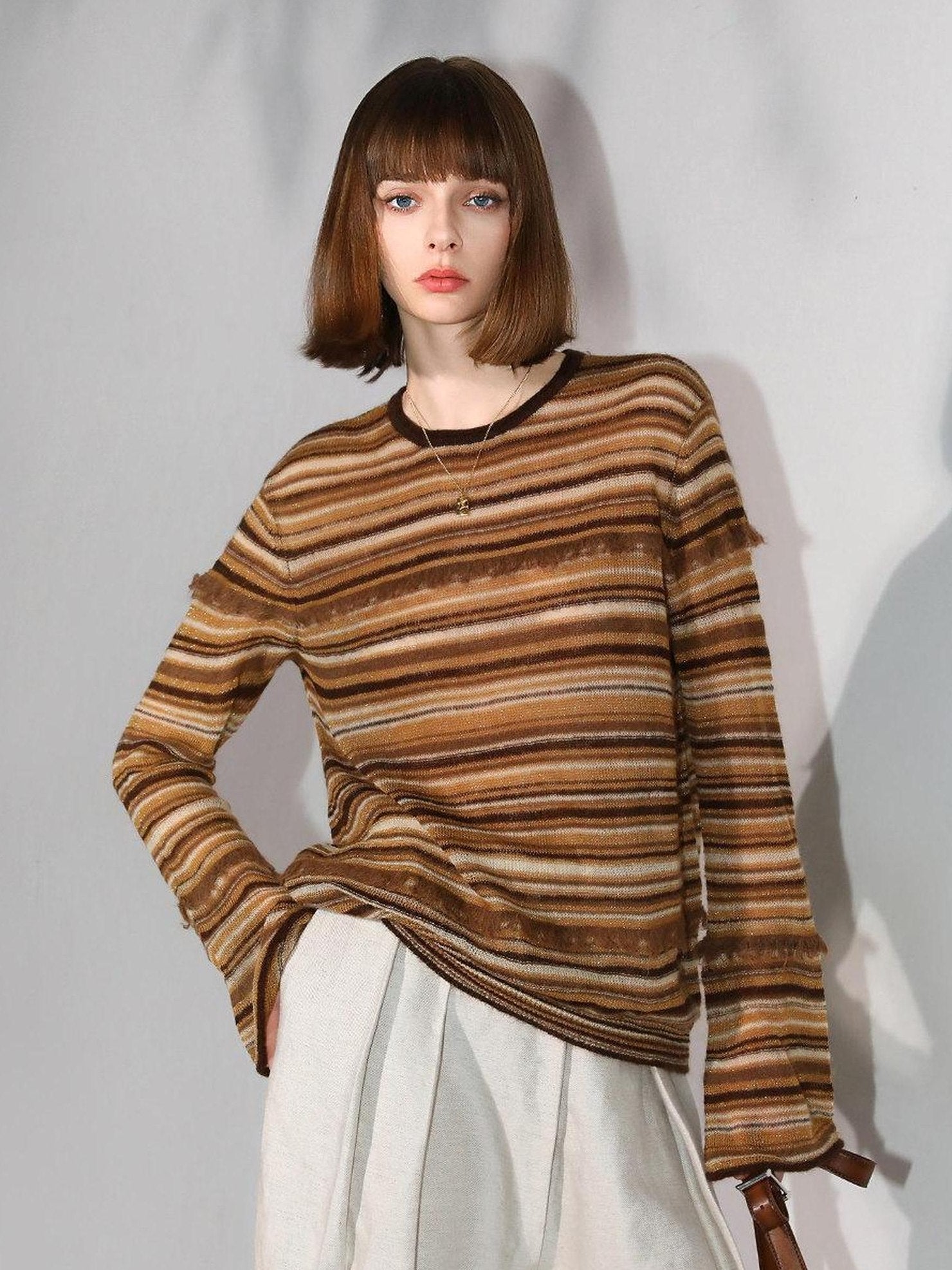 COCOBELLA Soft Jacquard Lurex Crewneck Casual Regular Fit Women Striped Knit Sweater