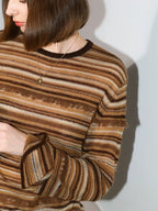 COCOBELLA Soft Jacquard Lurex Crewneck Casual Regular Fit Women Striped Knit Sweater