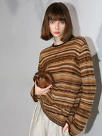 COCOBELLA Soft Jacquard Lurex Crewneck Casual Regular Fit Women Striped Knit Sweater