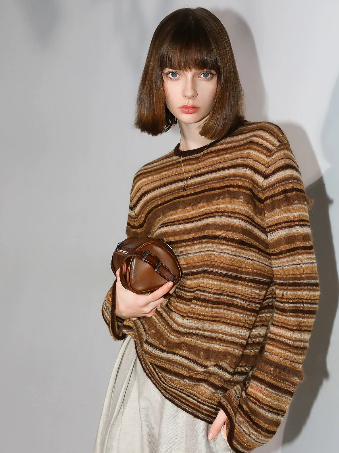 COCOBELLA Soft Jacquard Lurex Crewneck Casual Regular Fit Women Striped Knit Sweater