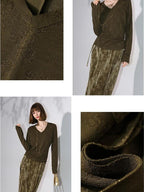 COCOBELLA Soft Jacquard Lurex V Neck Long Sleeve Straight Fit Office Women Shirts