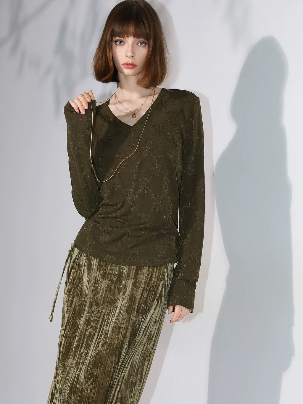 COCOBELLA Soft Jacquard Lurex V Neck Long Sleeve Straight Fit Office Women Shirts