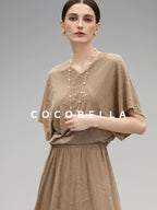 COCOBELLA Soft Jacquard Patchwork Batwing Short Sleeve Loose V Neck Ladies Commuter Shirts