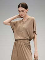 COCOBELLA Soft Jacquard Patchwork Batwing Short Sleeve Loose V Neck Ladies Commuter Shirts