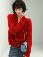 COCOBELLA Soft Knit V Neck Buttoned Straight Fit Office Cardigan Women Red Blue Sweater
