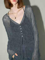 COCOBELLA Soft Lace V Neck Shell Button Straight Fit Women Long Sleeve Knit T-Shirts
