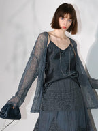 COCOBELLA Soft Lace V Neck Shell Button Straight Fit Women Long Sleeve Knit T-Shirts