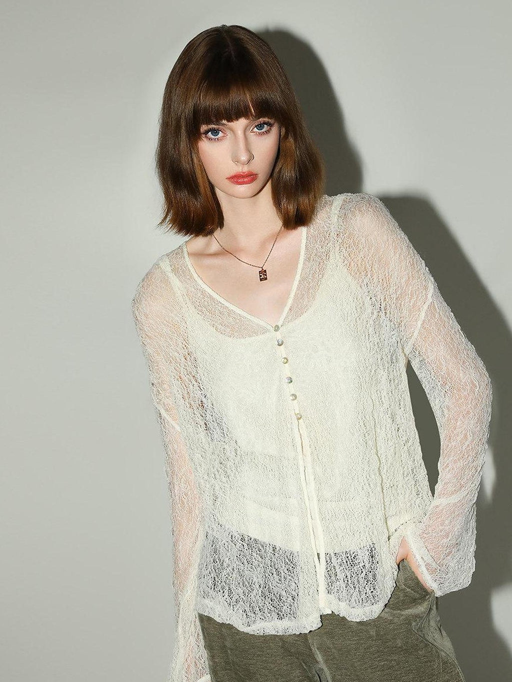 COCOBELLA Soft Lace V Neck Shell Button Straight Fit Women Long Sleeve Knit T-Shirts