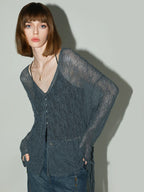 COCOBELLA Soft Lace V Neck Shell Button Straight Fit Women Long Sleeve Knit T-Shirts
